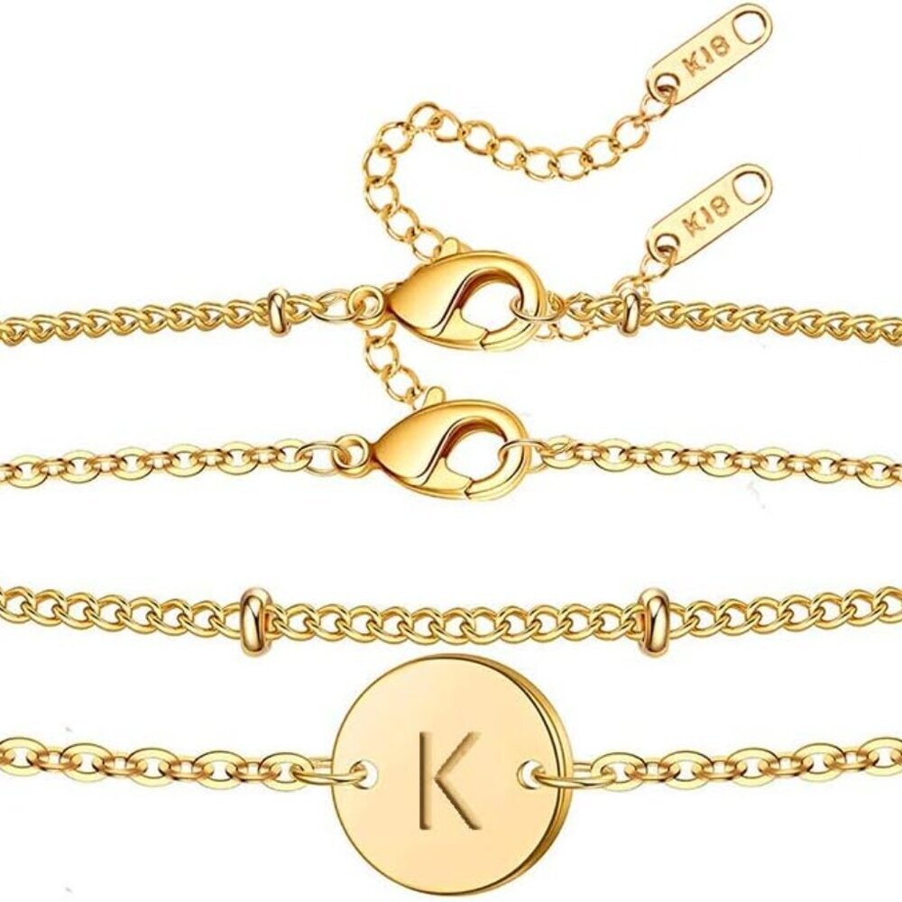Initial Bracelet for Women 18K Gold Plated Stainless Steel Layered Coin Letter B